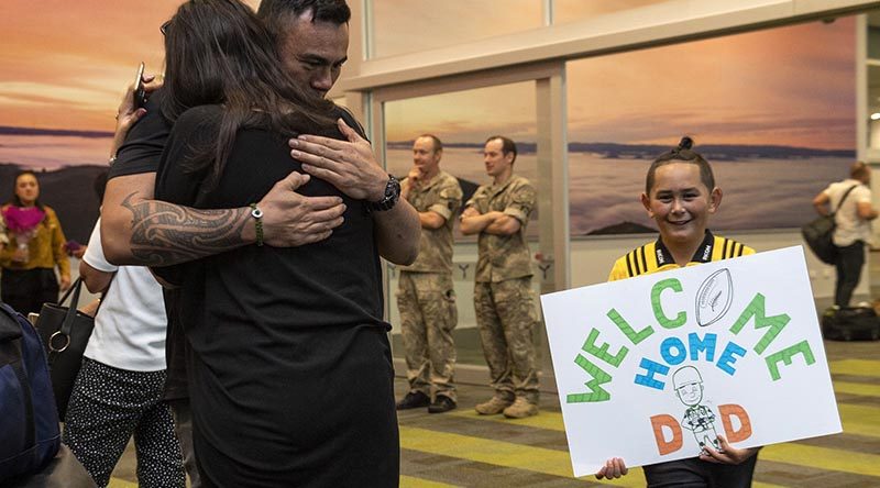 NZDF Personnel deployed on the ninth rotation of Op Manawa to Camp Taji are welcomed home after six months away from friends and family. NZDF photo.