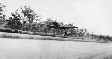 Two Spitfires take off from an airstrip near Darwin, 24 March 1943. AWM 014484.