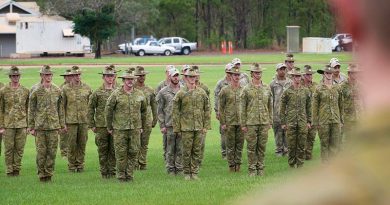 A reduced contingent of Australian and New Zealand soldiers and officers parade (in an apparently less-than-salubrious setting) during their official farewell from Robertson Barracks, Darwin, before deploying to the Middle East as part of Task Group Taji - Ten. Photo by Corporal Carla Armenti.