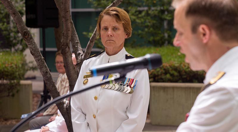 Chief of Navy Vice Admiral Michael Noonan presents Warrant Officer Deb Butterworth with her promotion certificate as the newly appointed Warrant Officer of the Royal Australian Navy, at Russell Offices. Photo by Able Seaman James McDougall.