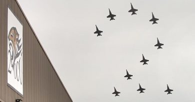 No. 2 Operational Conversion Unit conducts a formation flight, in the shape of a number 2 over their hangar at RAAF Base Williamtown. Two photos by Corporal Melina Young – digitally merged by CONTACT