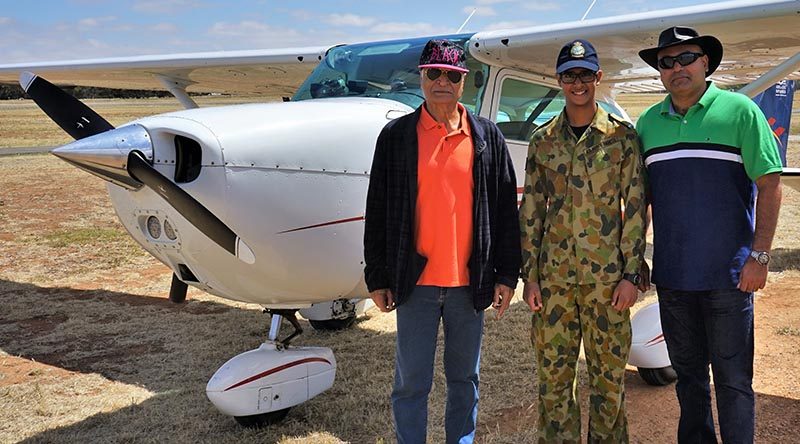 CDT Marcus Dhillon (604 Squadron) prepares for an air experience flight from Gawler Airfield in an ‘N’ model Cessna Skyhawk C172 ‘VH-CEY’ operated by Adelaide Biplanes. He is joined by his father Major Barry Dhillon (Indian Army, ret’d) and grandfather Major-General Balli S Dhillon VSM (Indian Army, ret’d).