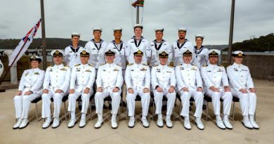 Graduates of Basic Clearance Divers Course 87 (standing) at HMAS Penguin, in Sydney, with Australian Fleet Commander Rear Admiral Jonathon Mead (centre, front) and other senior Royal Australian Navy officers, after their course graduation. Photo by Able Seaman Shane Cameron.