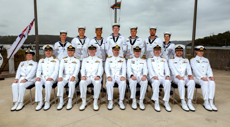 Graduates of Basic Clearance Divers Course 87 (standing) at HMAS Penguin, in Sydney, with Australian Fleet Commander Rear Admiral Jonathon Mead (centre, front) and other senior Royal Australian Navy officers, after their course graduation. Photo by Able Seaman Shane Cameron.