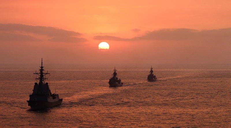 HMA Ships Hobart, Stuart and Parramatta sail towards their homeport at Garden Island, Sydney, following a three-month deployment through East Asia. Photo by Leading Seaman Jason Griffiths.