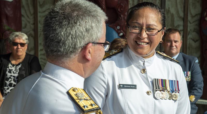 Commodore Melissa Ross with Chief of Navy Rear Admiral David Proctor after her promotion ceremony.