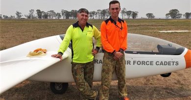 CUO Alex Fogale, 106 Squadron, with his instructor Flight-Sergeant (AAFC) Denis Lambert from No 902 Aviation Training Squadron, on the occasion of his first solo flight at Warwick airfield. Photo by Pilot Officer (AAFC) Brie Russell, 902ATS.