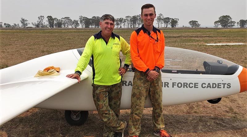 CUO Alex Fogale, 106 Squadron, with his instructor Flight-Sergeant (AAFC) Denis Lambert from No 902 Aviation Training Squadron, on the occasion of his first solo flight at Warwick airfield. Photo by Pilot Officer (AAFC) Brie Russell, 902ATS.