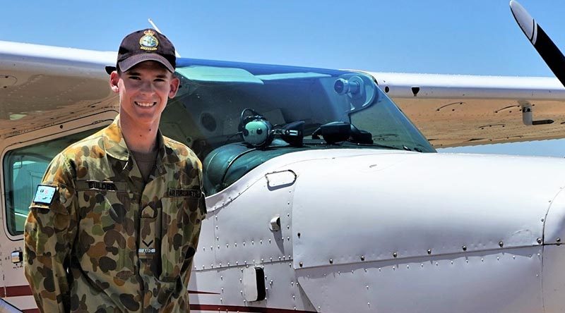 LCDT Joseph Builder, 613 Squadron, AAFC, prepares for an air-experience flight from Gawler Airfield in a Cessna Skyhawk operated by Adelaide Biplanes.