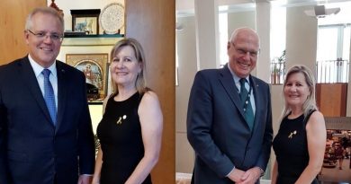 Julie-Ann Finney meets Prime Minister Scott Morrison and newly returned Senator Jim Molan at Parliament House, Canberra.