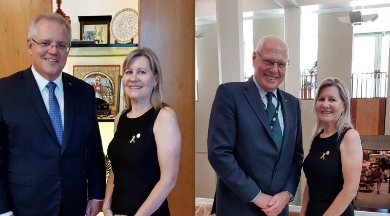 Julie-Ann Finney meets Prime Minister Scott Morrison and newly returned Senator Jim Molan at Parliament House, Canberra.