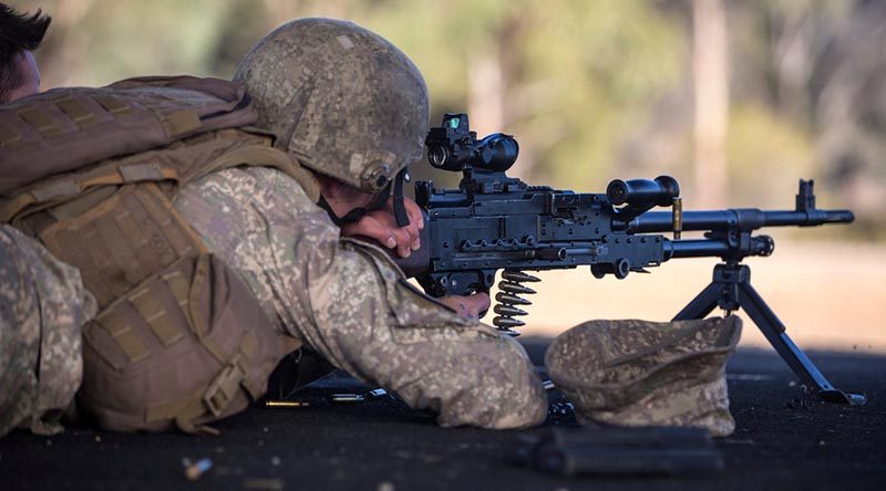 A New Zealand Army soldier fires a machine-gun practice during the Australian Army Skill at Arms Meeting 2019 at Puckapunyal, Victoria. Photo by Corporal Jessica de Rouw.