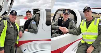 Cadet Corporal James Culpeper is congratulated by his instructor, WGCDR David Chaplin (left) and Cadet Corporal Patrick Swingler with his instructor, Squadron Leader (AAFC) Nicolaas. Photos supplied by EFTS.