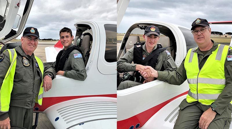 Cadet Corporal James Culpeper is congratulated by his instructor, WGCDR David Chaplin (left) and Cadet Corporal Patrick Swingler with his instructor, Squadron Leader (AAFC) Nicolaas. Photos supplied by EFTS.