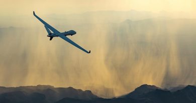 MQ-9B SkyGuardian seen flying into a pretty sunset with, to the relief of many RAAF officers, not a single weapon in sight. Photo credited to Business Wire, from the General Atomics web site.