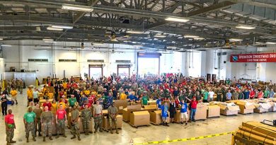 Service members and volunteers who helped build air-drop supply bundles at Andersen Air Force Base, Guam, for Operation Christmas Drop 2019. US Air Force photo by Staff Sergeant Kyle Johnson.
