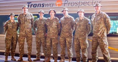 Signallers from 109th Signal Squadron ready to board the 'Prospector' for Kalgoorlie. 13th Brigade photo.