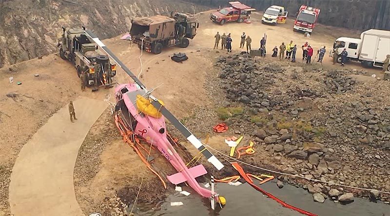An bird's eye view of the crashed water bomber recovery. ADF video screenshot.