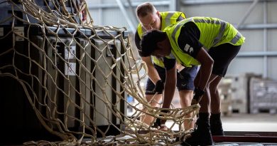 Royal Australian Air Force and Royal New Zealand Air Force air-movements personnel work together to palletise equipment at RAAF Base Amberley, Queensland, in support of Operation Bushfire Assist 19-20. Photo by Corporal Jessica de Rouw.