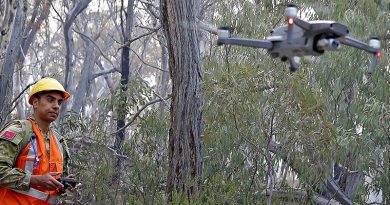 Australian Army Reserve soldier Lance Bombardier Daniel Stoian of 9 Regiment, Royal Australian Artillery, uses a drone to assist with locating koalas near Cooma, NSW. Photo by Sergeant Dave Morley.