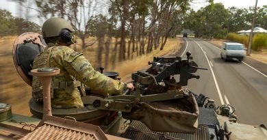 Corporal Michael Russ from the 1st Armoured Regiment moves in a convoy of ASLAVs tasked to support South Australia Water on Kangaroo Island. Photo by Corporal Tristan Kennedy.