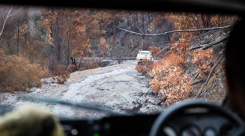 An Australian Army Bushmaster protected mobility vehicle from the 3rd Combat Engineer Regiment, conducts a route reconnaissance near Swifts Creek, Victoria, in support of Operation Bushfire Assist. Photo by Private Madhur Chitnis.