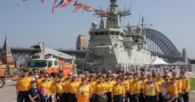New South Wales Rural Fire Service guests onboard HMAS Canberra during the 2020 Australia Day celebrations on Sydney Harbour. Photo by Leading Seaman Christopher Szumlanski.