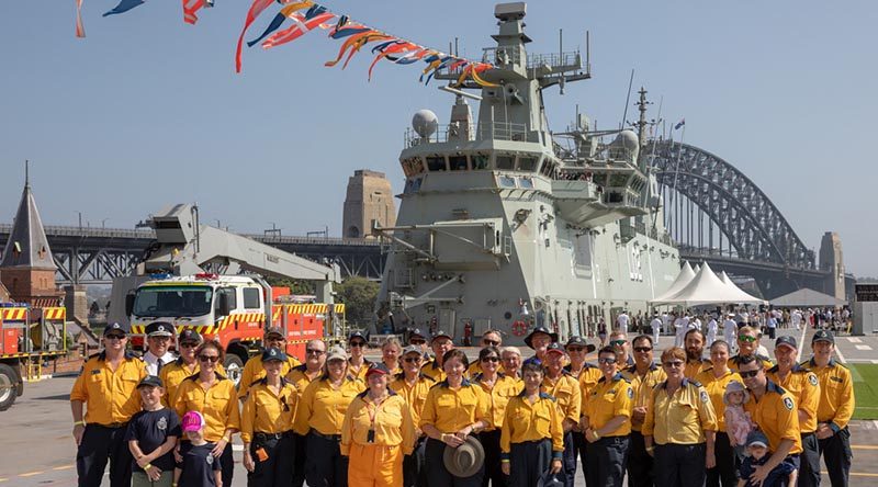 New South Wales Rural Fire Service guests onboard HMAS Canberra during the 2020 Australia Day celebrations on Sydney Harbour. Photo by Leading Seaman Christopher Szumlanski.