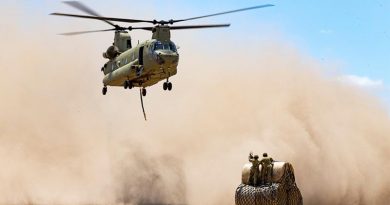 Australian Army CH-47 Chinook from Townsville-based 5th Aviation Regiment prepares to uplift hay bales to deliver to remote bushfire-affected farms on Kangaroo Island. Photo by Corporal Tristan Kennedy.