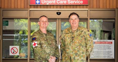 4th Combat Service Support Battalion Paramedic Private Rod Scanlon and Nursing Officer Captain Phil Barber at the Alpine Health Centre in Bright, where they took charge of community care in the absence of evacuated nurses. Photo by Corporal Sebastian Beurich.