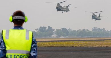 Two Australian Army CH-47F Chinooks filled with supplies for isolated areas in Victoria depart RAAF Base East Sale, which has become a key and very busy air-operations hub. Photo by Corporal Nicole Dorrett.