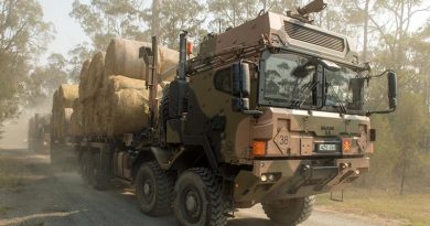 Australian Army HX77 heavy rigid trucks loaded with fodder heading for Bonang in the north of Gippsland on Australia Day in support of Operation Bushfire Assist. Photo by Private Michael Currie.