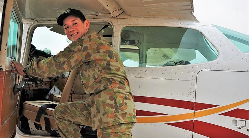 LCDT Tom Shaw (No 608 Squadron) prepares for a cadet air experience flight from Gawler Airfield in an ‘N’-model Cessna Skyhawk C172 ‘VH-CEY’ operated by Adelaide Biplanes.