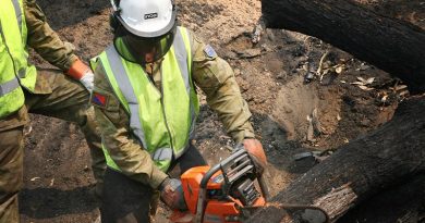 Gunner Kyle Moore, an artilleryman from 7 Field Regiment, crosscuts a fallen tree resting on a road at Lower Bago, south of Tumut, NSW. He is trained in chainsaw operations to make gun pits for the artillery, and is putting his skills to work helping the combat engineers from the Brisbane-based 2nd Combat Engineer Regiment during Operation Bushfire Assist 19-20. Photo by Major Cameron Jamieson.