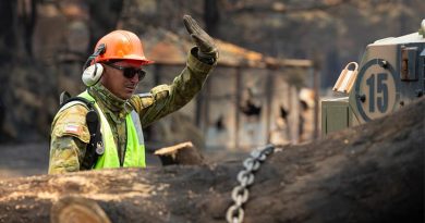 Corporal Dan Conelly, an Army Reservist from 3rd Field Squadron, 10th/27th Battalion, Royal South Australia Regiment, works to remove a burnt tree from a farm’s access road on Kangaroo Island. Photo by Corporal Tristan Kennedy.