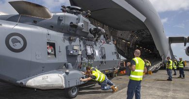 A RNZAF No.3 SQN NH90 helicopter is loaded onto a RAAF C-17, on its way to assist with the Australian bushfires. NZDF photo.