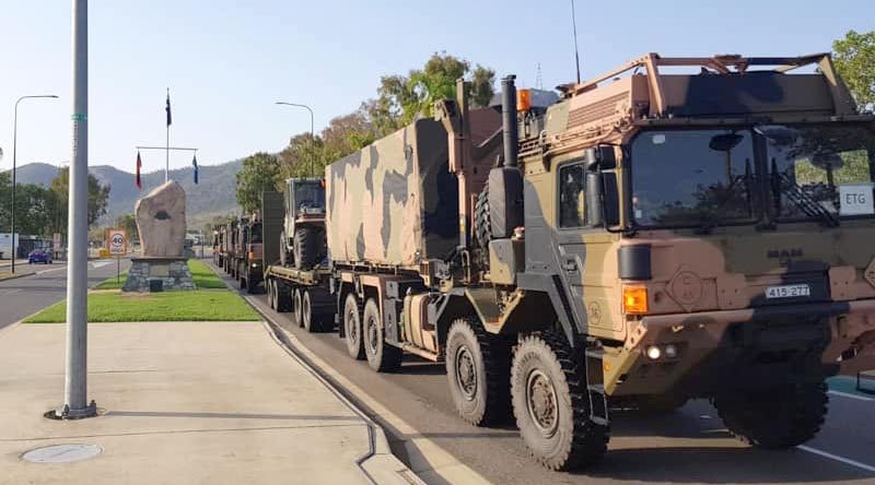 The 3rd Combat Engineer Regiment convoy departs Lavarack Barracks, Townsville, on the first leg of a long drive to Victoria. 3rd Brigade photo.