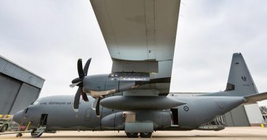 A Litening sensor pod hangs from the wing of a No. 37 Squadron C-130J Hercules aircraft at RAAF Base Richmond. Photo by Corporal David Said.