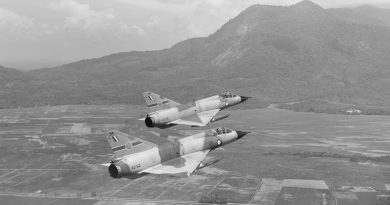 Two Australian Mirage fighters from 79 Squadron over land near Butterworth. RAAF photo.