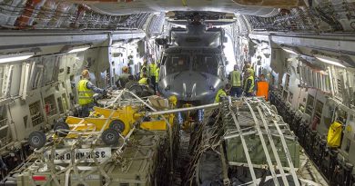 A Royal New Zealand Air Force NH-90 helicopter loaded on a RAAF C-17A Globemaster III en-route from RNZAF Base Ohakea to RAAF Base Richmond for Operation Bushfire Assist tasking. Photo by Corporal Nicci Freeman.