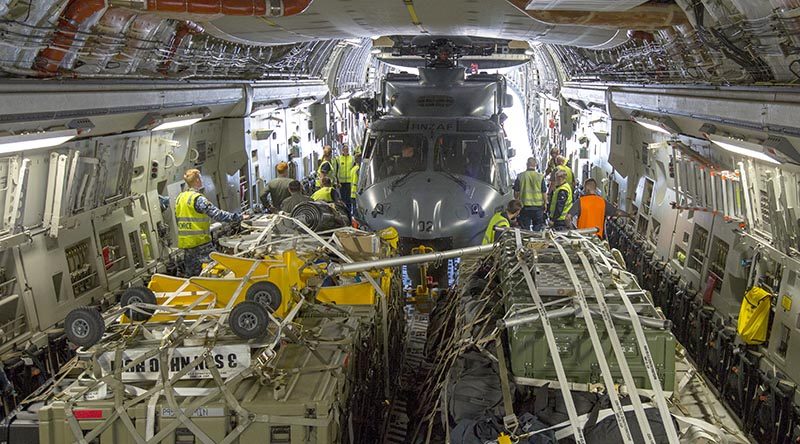 A Royal New Zealand Air Force NH-90 helicopter loaded on a RAAF C-17A Globemaster III en-route from RNZAF Base Ohakea to RAAF Base Richmond for Operation Bushfire Assist tasking. Photo by Corporal Nicci Freeman.