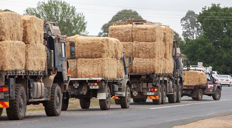 Part of an Australian Army fodder convoy from Cooma to help a local charity distribute donated hay to fire-affected farmers in southern NSW. Some of the hay was trucked from Western Australia. Photo by Sergeant Brett Sherriff.