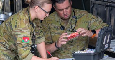 Australian Army nursing officer Lieutenant Alison Stock and medic Corporal Leigh Smith from 1st Combat Health Battalion conduct daily medication checks at Batemans Bay evacuation centre during Operation Bushfire Assist 19-20. Photo by Sergeant Bill Solomou.