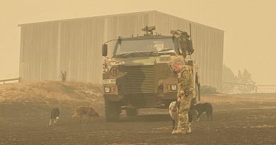Australian Army Trooper Duncan Rough on a property in Gelantipy conducts damage assessments and checks on the wellbeing of local farmers.