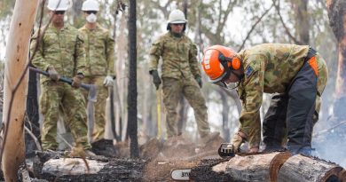 Australian Army Reserves Sapper Luke Willsmore from the 5th Engineer Regiment cuts a smouldering tree in an effort to prevent ongoing fires in the Jerangle region, NSW. Photo by Lance Corporal Brodie Cross.