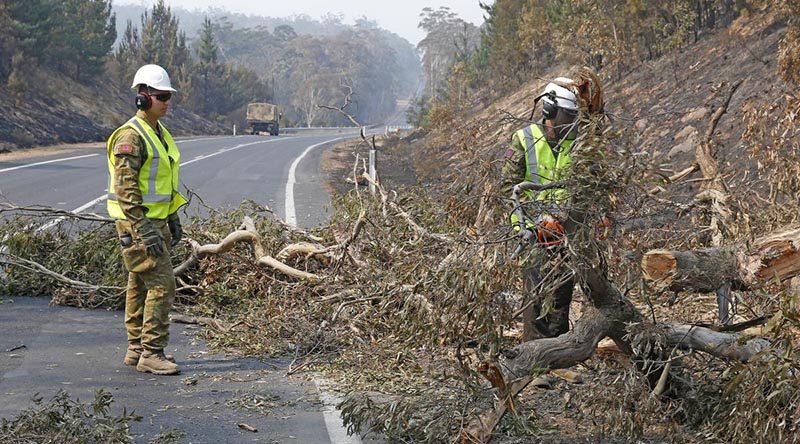 Sappers Kane Sorrell (on chainsaw) and David Mercuri from Brisbane-based 2 Squadron, 2nd Combat Engineer Regiment, help make the Monaro Highway safe. Photo by Sergeant Dave Morley