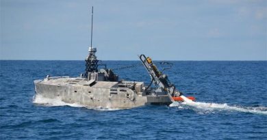 An AQS-24B minehunter being deployed from the Mine Countermeasures Unmanned Surface Vessel. Northrop Grumman photo.