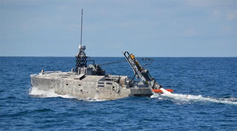 An AQS-24B minehunter being deployed from the Mine Countermeasures Unmanned Surface Vessel. Northrop Grumman photo.