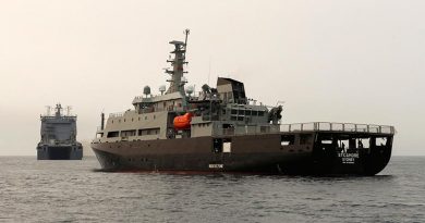 MV Sycamore conducts a rendezvous with HMAS Choules to transfer personnel posting onto the bigger ship during Operation Bushfire Assist 19-20. Photo by Able Seaman Jarrod Mulvihill.