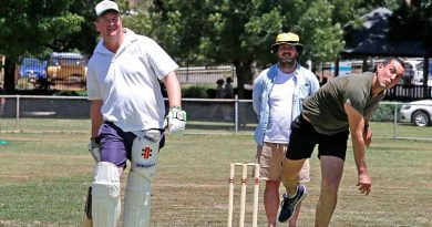 Sergeant Daniel Daleris, of the 2nd Combat Engineer Regiment, bowls during an Australia Day cricket match against the Tumbarumba and District Cricket Association. Photo by Sergeant Dave Morley.